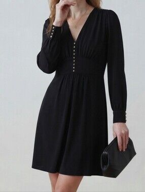 NEW Vicky Tiel Black Long-Sleeve V-Neck Button-Front Dress Sz Size Large L
